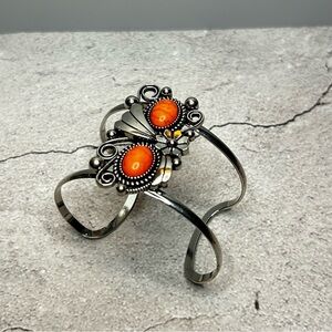 Bold Unique Silver Tone and Orange Stone Cuff Bracelet